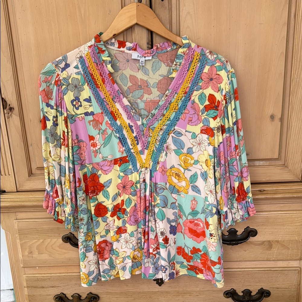 Fate Pink and Yellow Embellished 3/4 Sleeve Blouse